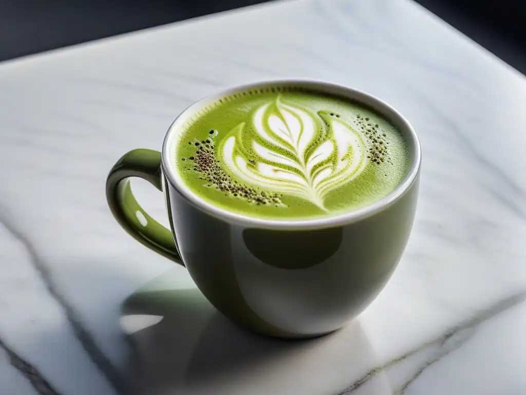 Delicado diseño de arte latte de matcha verde en una taza blanca sobre encimera de mármol, beneficios del matcha premium vegano