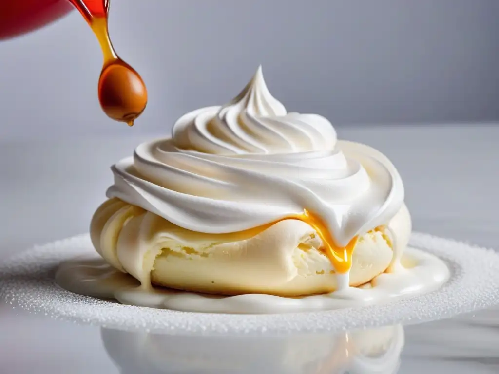 Delicado merengue de aquafaba siendo decorado en una bandeja, resaltando la versatilidad del aquafaba como sustituto de huevos