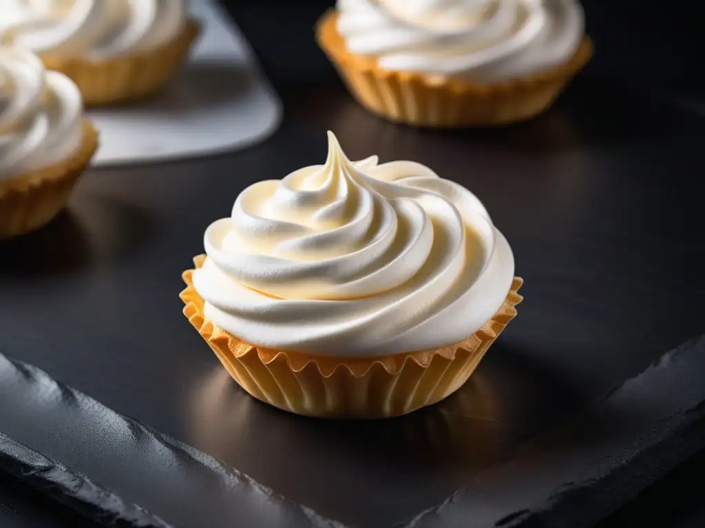 Delicado merengue vegano sin huevo con picos perfectos, textura brillante y remolinos intrincados en un elegante fondo negro mate