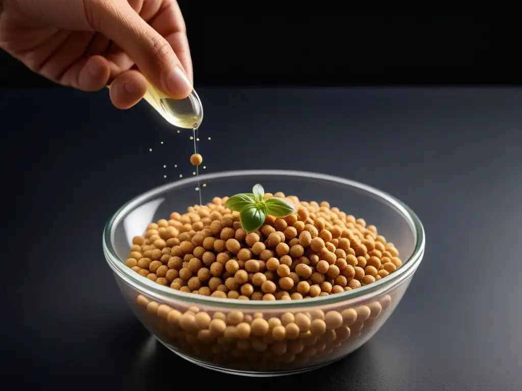 Un delicado momento: mano esparciendo esporas sobre soja en recipiente