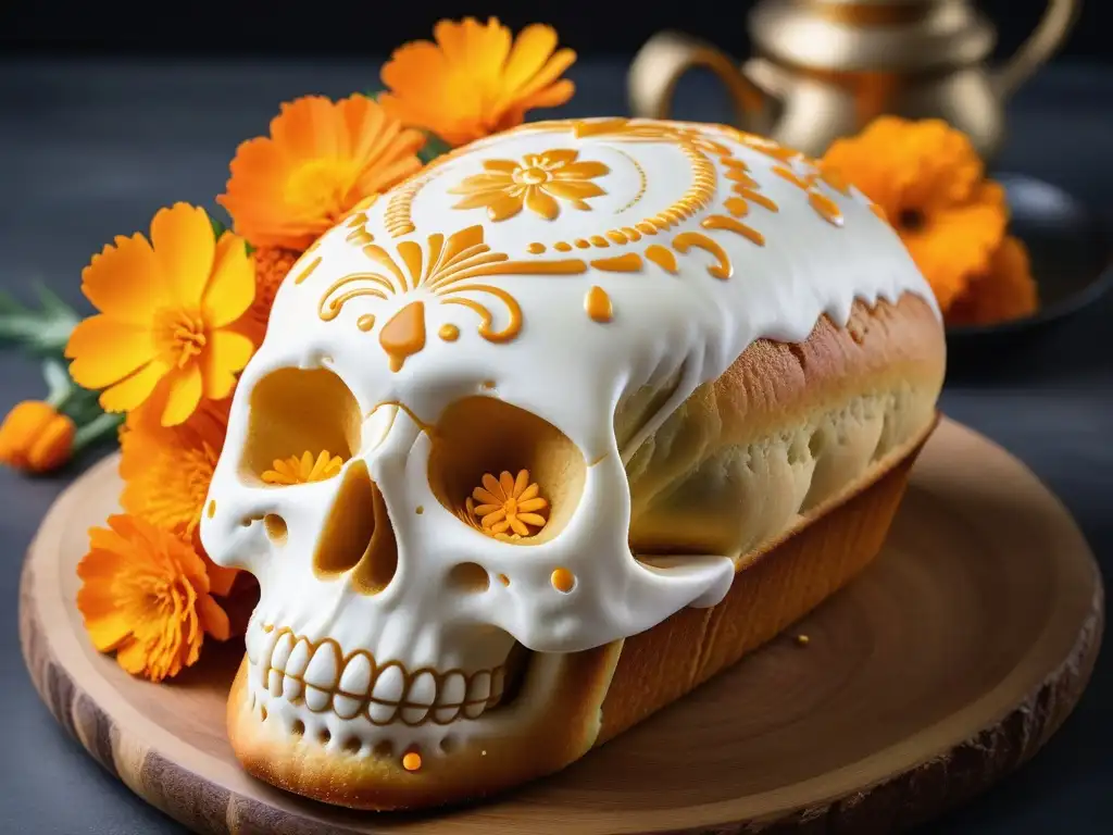 Delicado Pan de Muerto vegano decorado con flores y calaveras de azúcar, resalta colores vibrantes