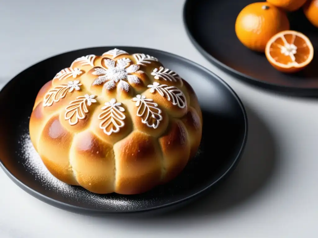 Delicado Pan de Muerto vegano decorado con flores de cáscara de naranja, perfecto para celebrar el Día de los Muertos