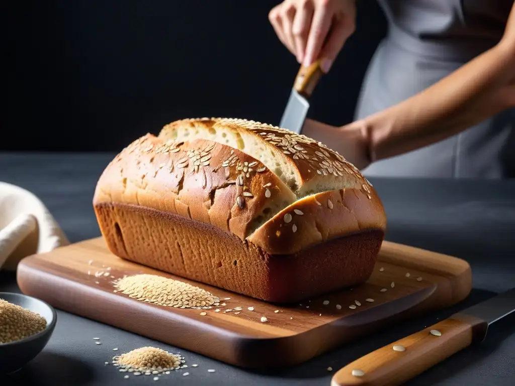 Delicado pan vegano sin gluten esponjoso recién horneado, con corteza dorada y semillas de sésamo, en cocina minimalista