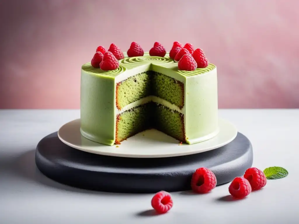 Delicado pastel vegano de matcha con decoración detallada, frambuesas frescas y hojas de menta, en un fondo minimalista