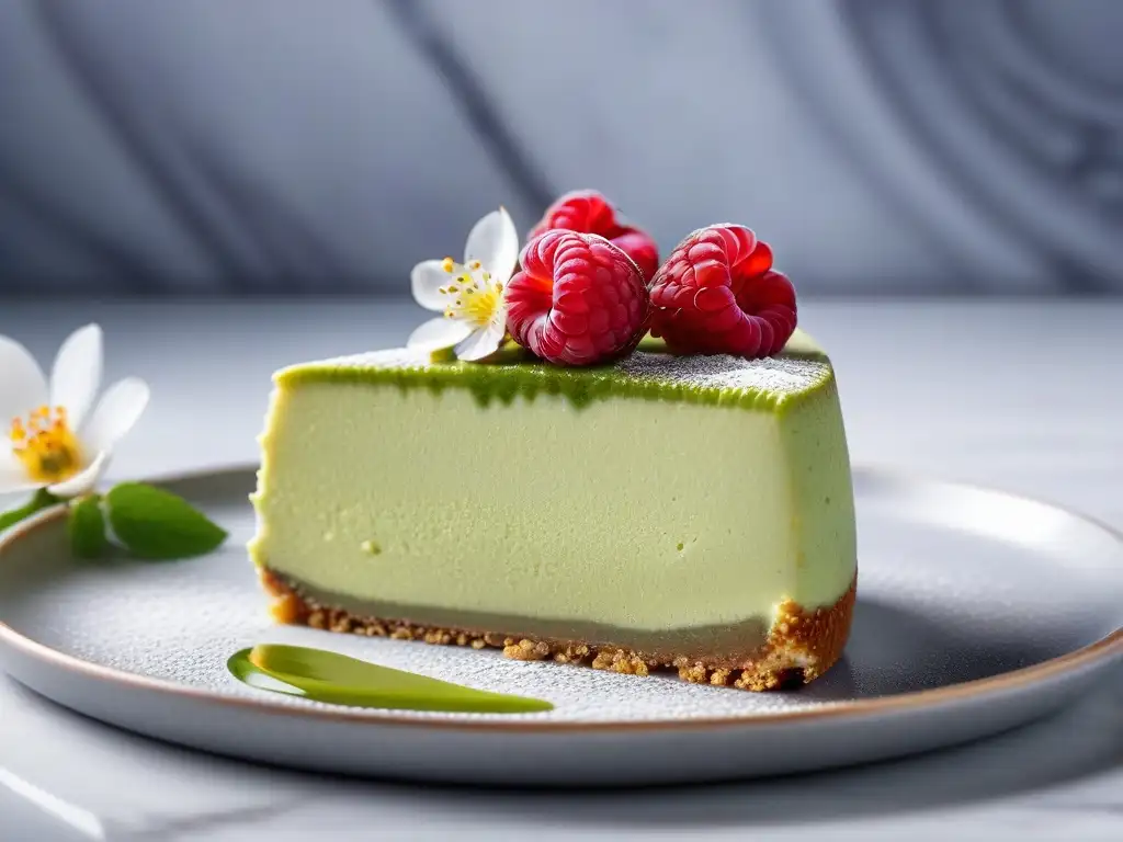 Delicado postre vegano al vapor de cheesecake de matcha, decorado con frambuesas y flores comestibles, sobre mármol