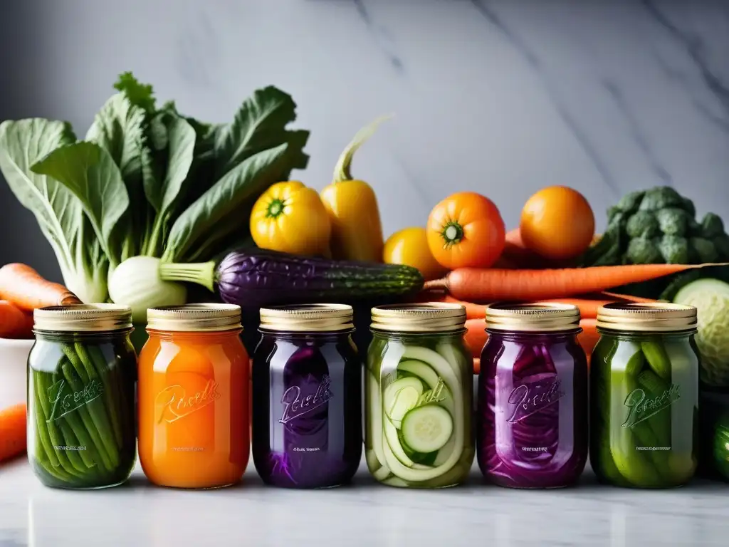 Delicado proceso de fermentación vegana de chucrut de colores en tarros de vidrio, en una cocina minimalista