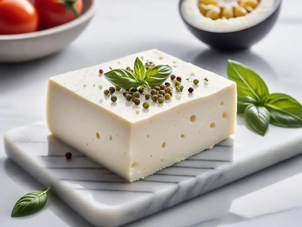 Delicado queso feta vegano en mármol blanco, resaltando sus detalles artesanales