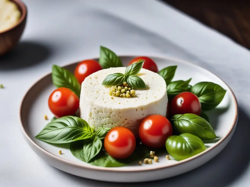 Delicado queso feta vegano de tofu desmenuzado con hierbas, aceite de oliva y tomates