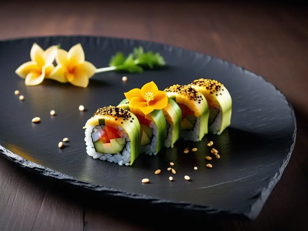 Delicado sushi vegano con aguacate, mango y pepino, decorado con flores comestibles y semillas de sésamo en una elegante bandeja de pizarra negra