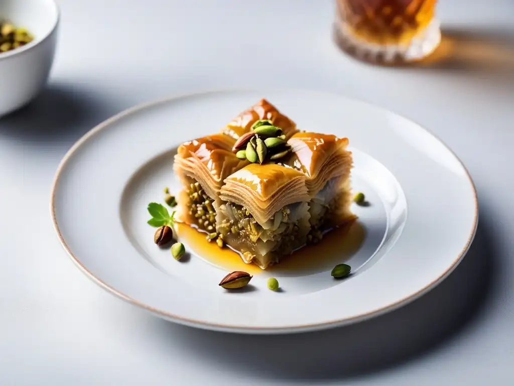 Delicado baklava vegano, con capas de hojaldre, pistachos triturados y sirope dorado, en plato blanco