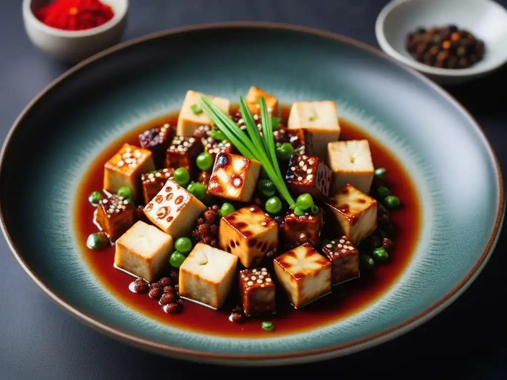 Delicado mapo tofu vegano con tofu chino en plato cerámico