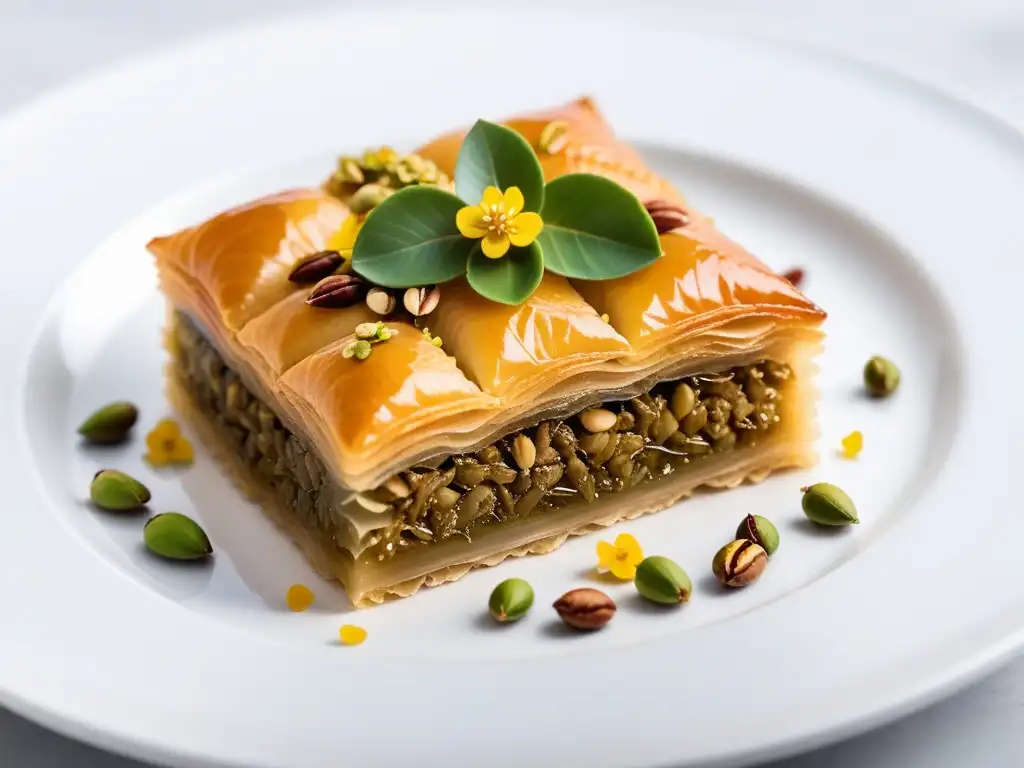 Delicado baklava vegano con pistachos y flores comestibles en plato blanco