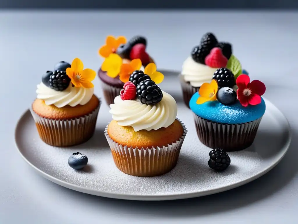 Delicados cupcakes veganos con bayas frescas y flores comestibles en un elegante plato