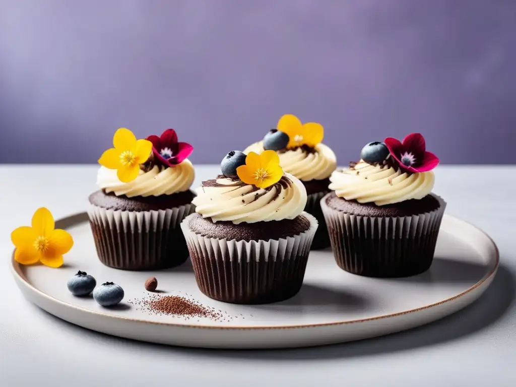 Delicados cupcakes veganos de vainilla decorados con flores comestibles y frutos rojos, presentados en una elegante bandeja blanca sobre fondo pastel