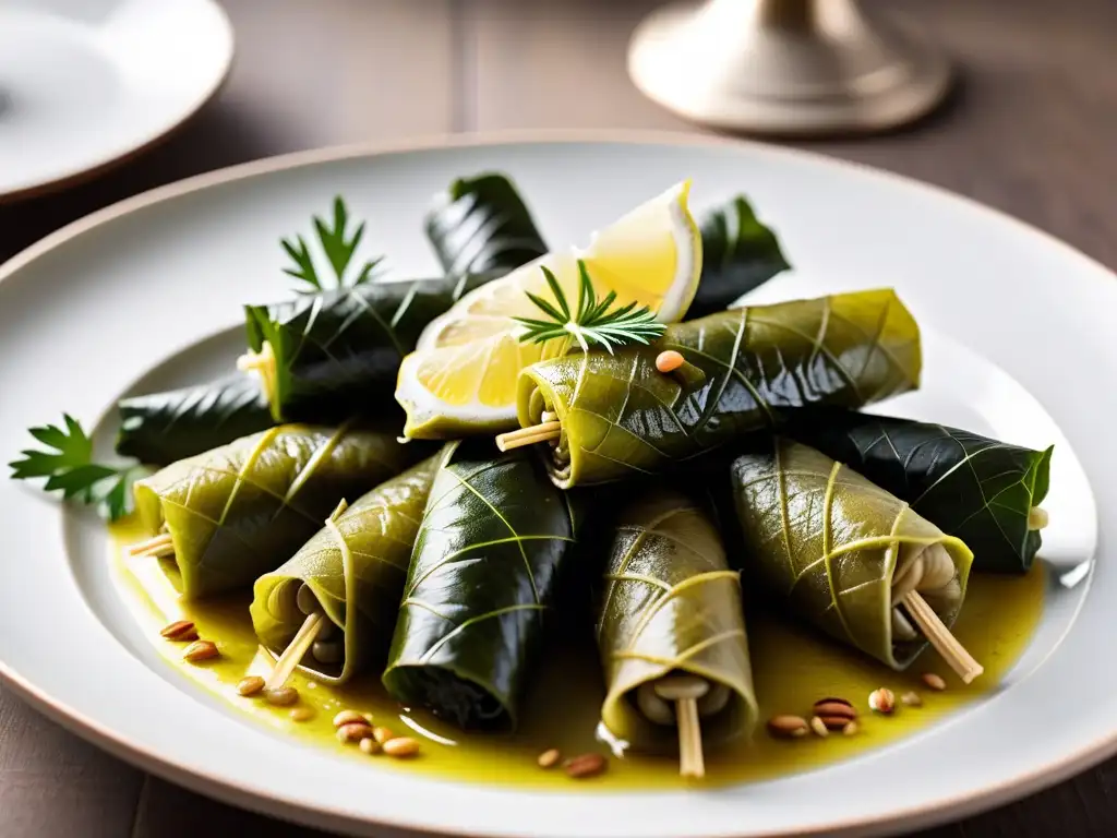 Delicados Dolmadakia griegos veganos en plato blanco con limón y eneldo