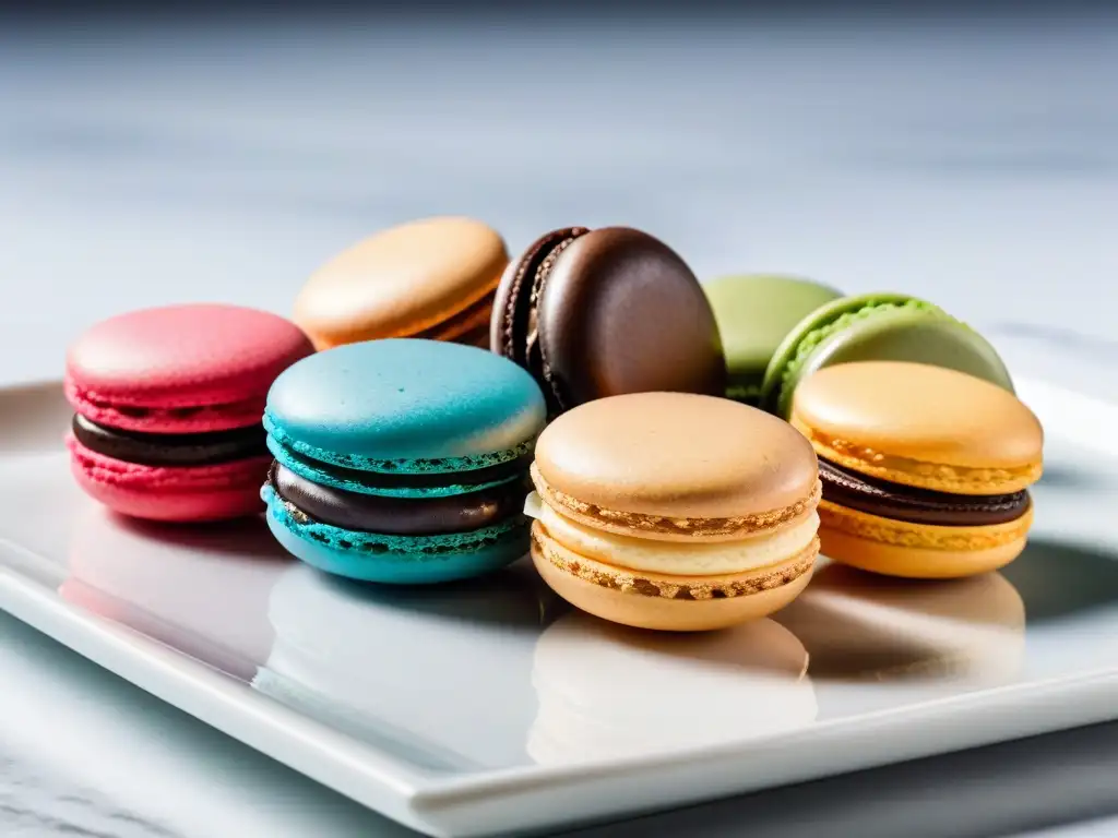 Delicados macarons veganos sin huevo en vibrantes colores sobre plato minimalista