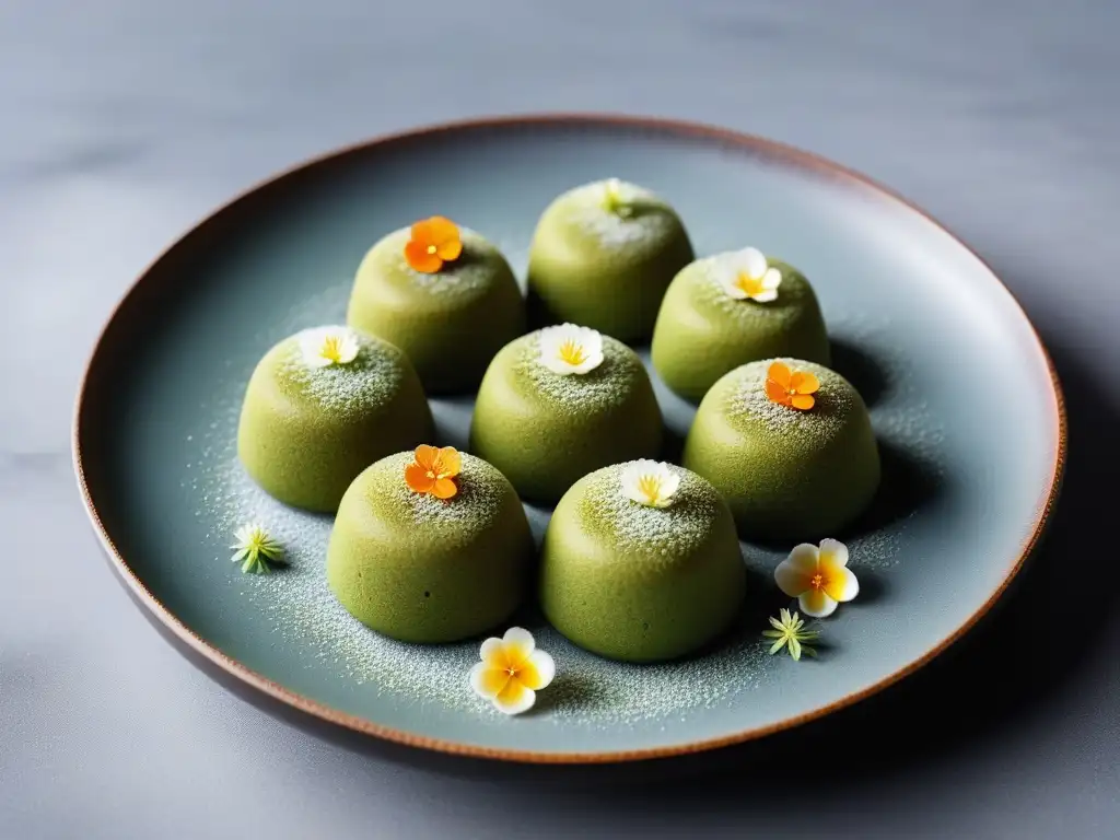 Delicados mochis veganos con matcha, frambuesas y flores comestibles en plato minimalista