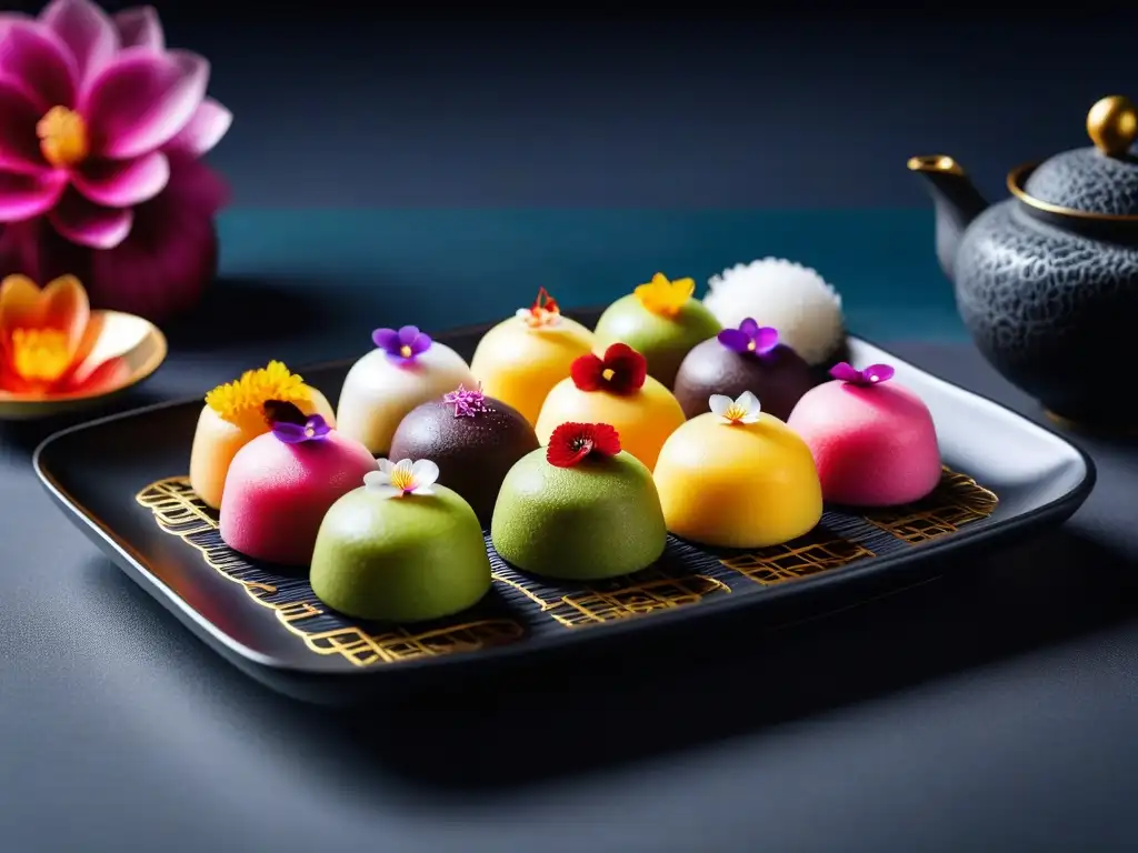 Delicados mochis veganos, una obra de arte culinaria con ingredientes vibrantes y presentación elegante