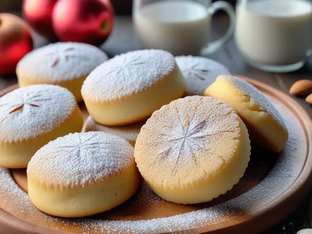 Delicados polvorones veganos navideños dorados, espolvoreados con azúcar en polvo y almendra, en una elegante bandeja de madera rústica