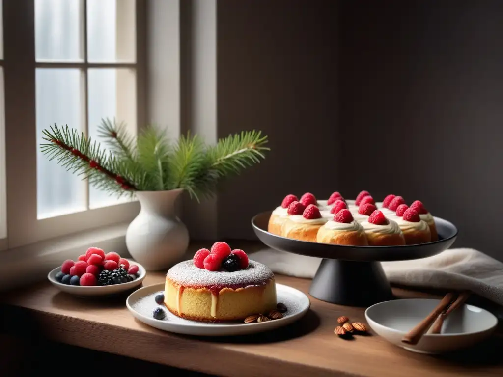 Delicados postres veganos nórdicos de invierno adornan una mesa de madera en una atmósfera cálida y elegante