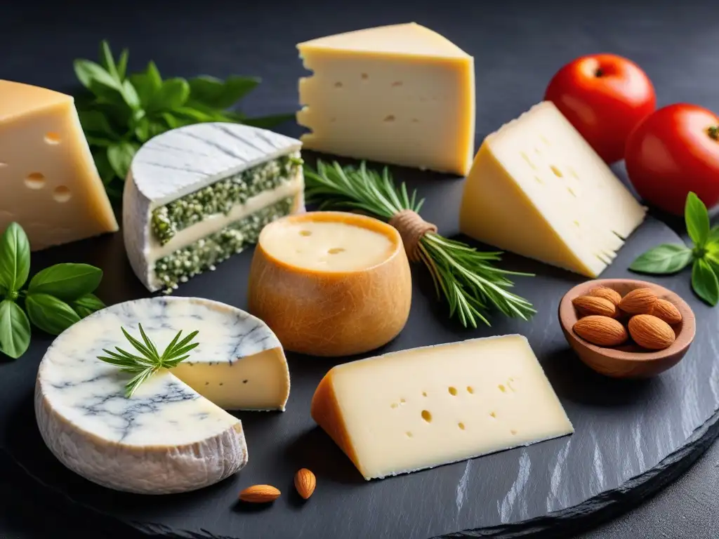 Delicados quesos veganos caseros en tabla de pizarra: camembert de anacardos, gouda de almendras y feta de macadamia