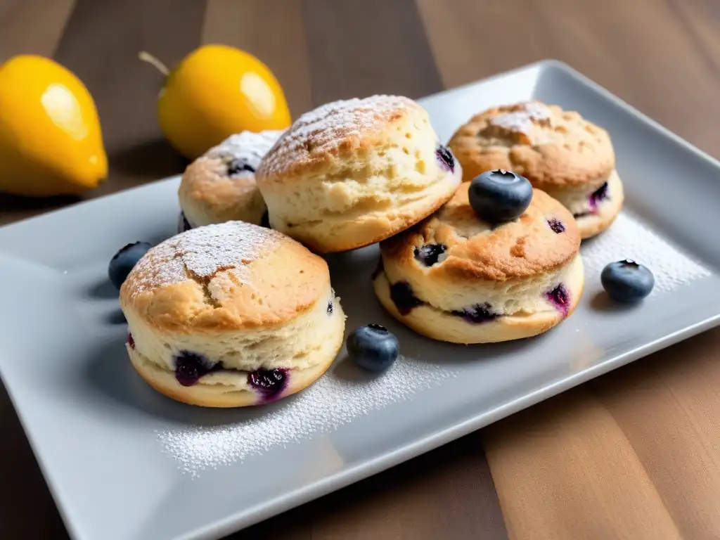 Delicados scones veganos dorados con arándanos en plato blanco