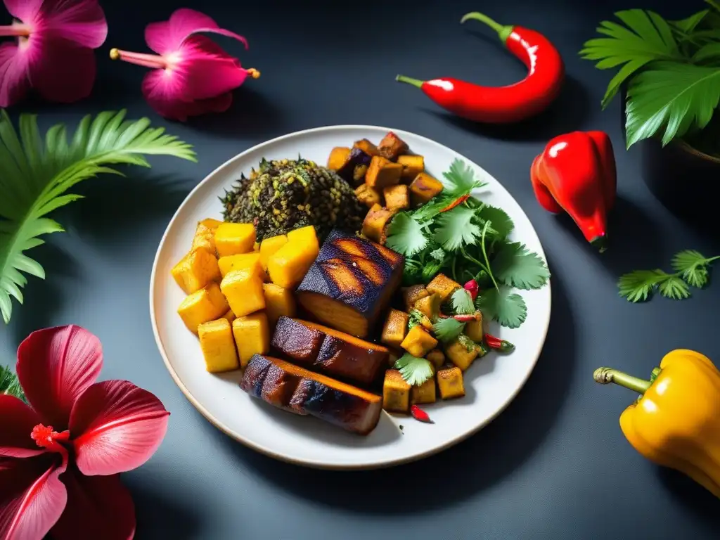 Una delicia vegana caribeña con sabores exóticos, plantains, ackee, callaloo y tofu jerk, en un plato de cerámica artesanal en jardín tropical con flores de hibisco