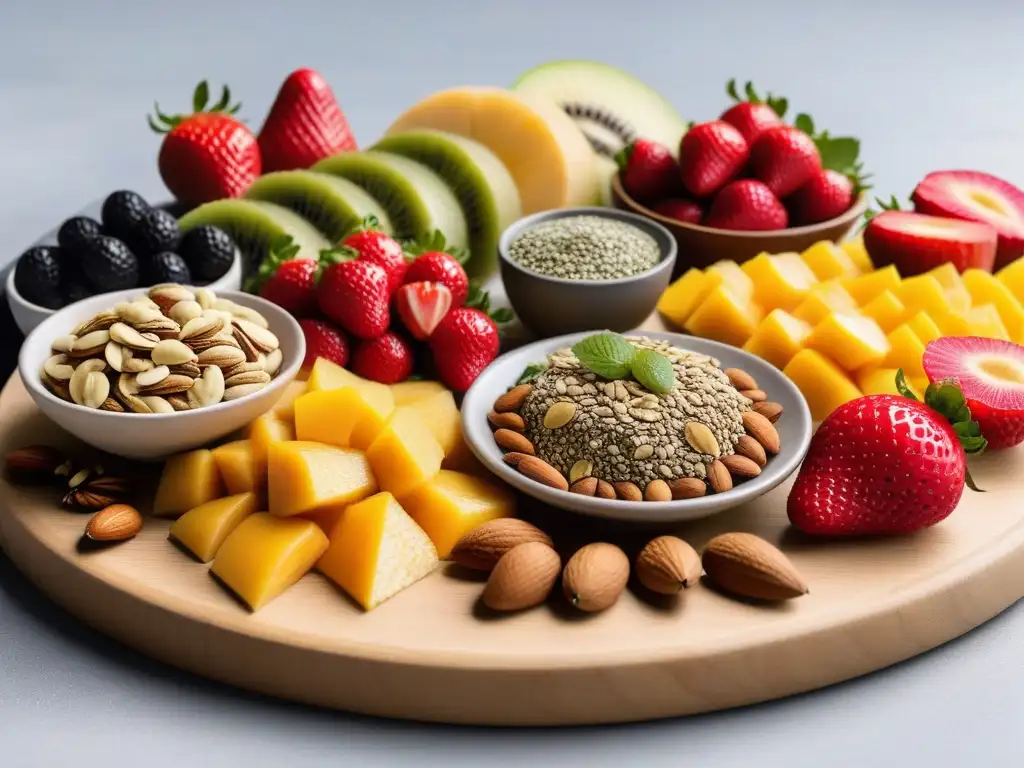Delicias veganas crudas saludables: una variedad vibrante de frutas frescas y frutos secos dispuestos en una tabla de madera moderna