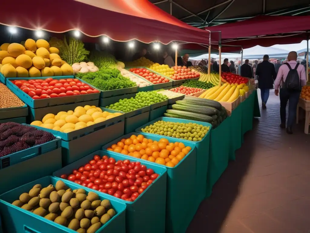 Delicias veganas en un mercado de España, con frutas y verduras frescas y productos locales como aceite de oliva y almendras