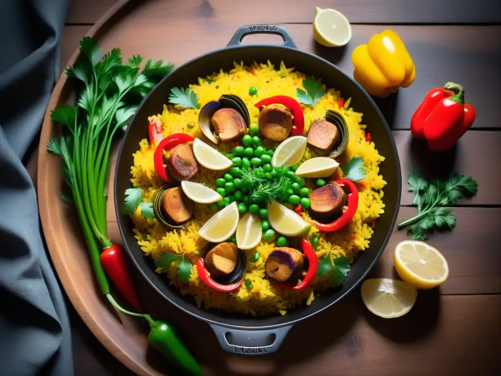 Delicias veganas en España: paella colorida con arroz amarillo, verduras, y proteínas vegetales en sartén de paella