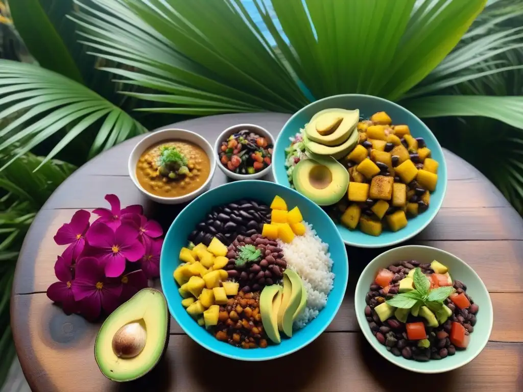 Delicias veganas caribeñas: platillos coloridos en mesa rústica con plantanos, frijoles, curry de coco y más