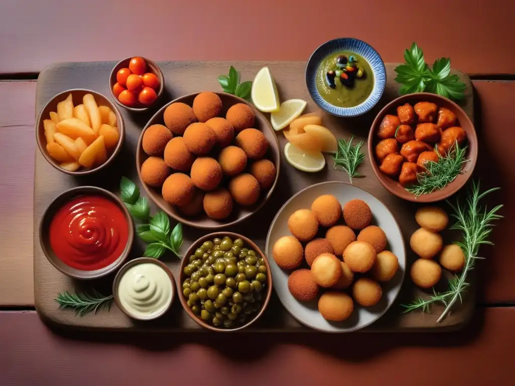 Delicias veganas en España: vibrante tapas veganas con patatas bravas, croquetas, pintxos y aceitunas en platos de cerámica