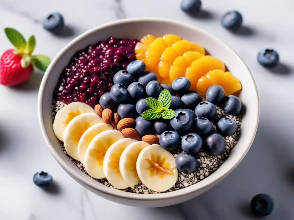 Deliciosa bowl de açai con arándanos, almendras, chía y miel sobre mármol blanco