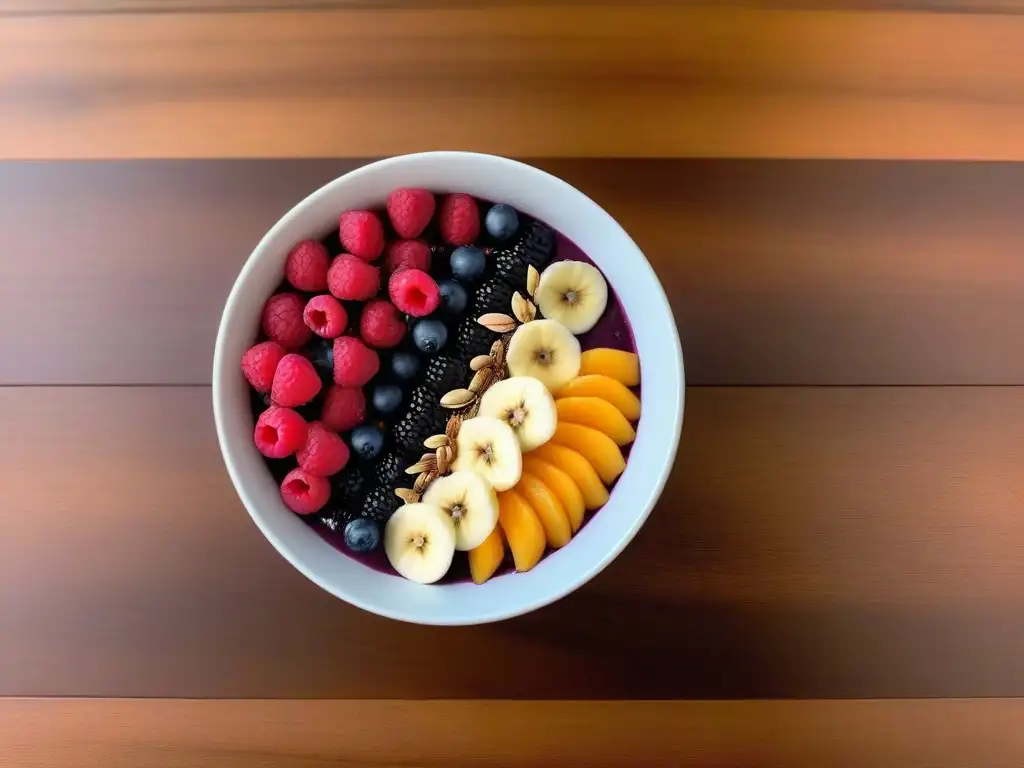 Deliciosa bowl de açaí con frutas frescas y semillas sobre mesa de madera, reflejando desayunos veganos energéticos y deliciosos