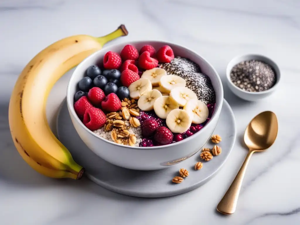 Deliciosa bowl de açaí con frutas frescas y superalimentos veganos, sobre encimera de mármol