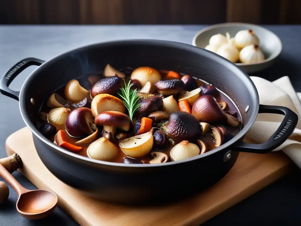 Una deliciosa adaptación vegana de platos franceses: un Coq au Vin con champiñones, cebollitas y 'pollo' vegano en un caldo aromático y burbujeante