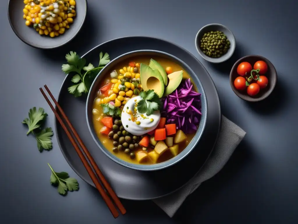 Deliciosa Sopa Ajiaco Vegano Receta: Un cuenco vibrante con vegetales coloridos y aguacate fresco, sobre fondo minimalista