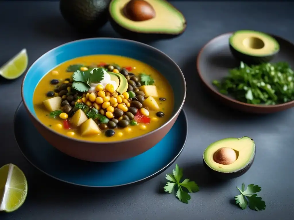 Deliciosa Sopa Ajiaco Vegano Receta con ingredientes vibrantes en un bol moderno