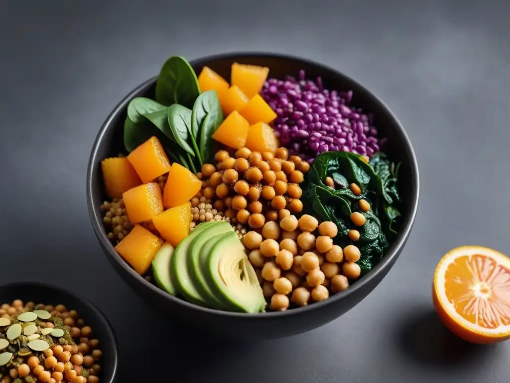 Deliciosa combinación de alimentos para absorción de hierro en un vibrante Buddha bowl