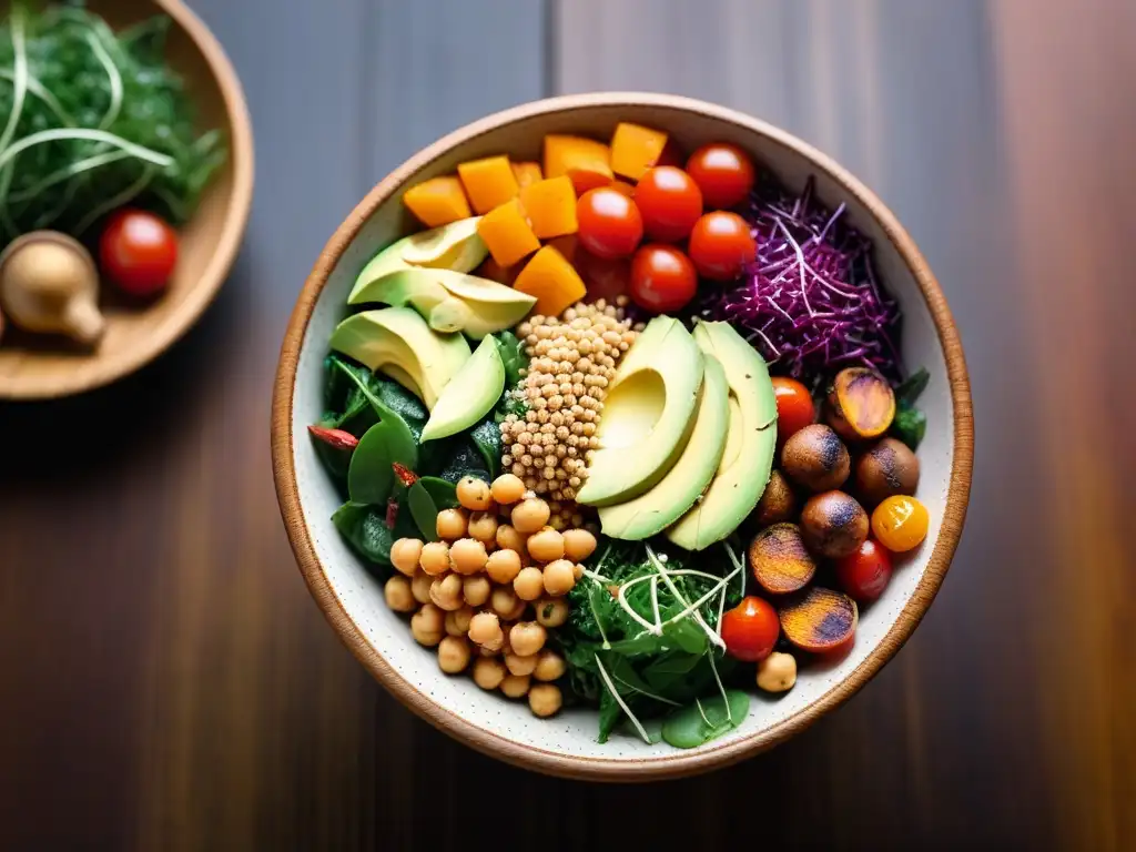 Deliciosa combinación de alimentos veganos saludables en un Buddha bowl colorido y fresco