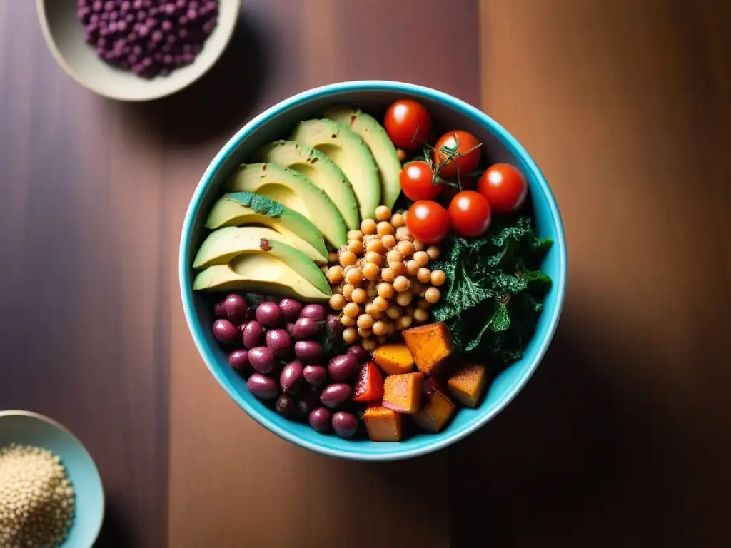 Deliciosa combinación de alimentos veganos saludables en un vibrante Buddha bowl colorido sobre una mesa de madera moderna