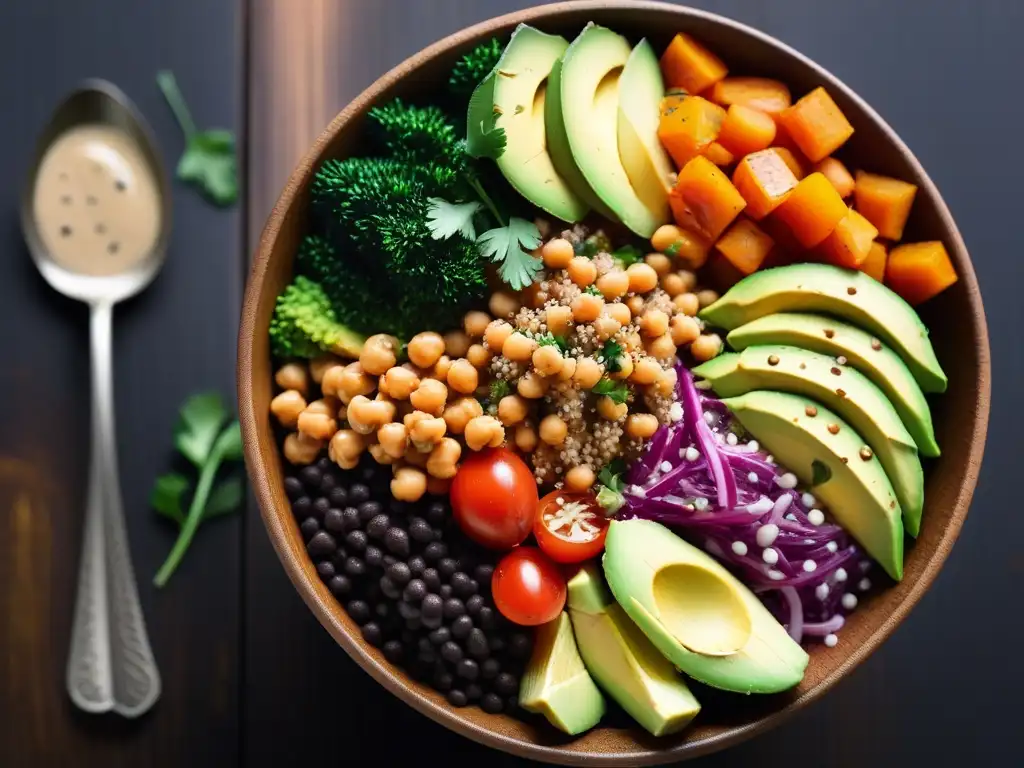 Deliciosa alternativa proteínas veganas sorprendentes: bowl vibrante con verduras, quinoa, aguacate y aderezo tahini en mesa moderna