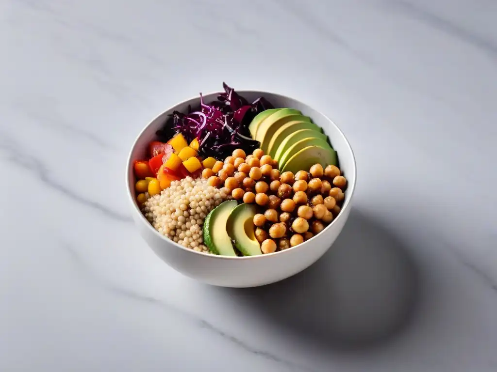 Deliciosa alternativa vegana para almuerzo con un bowl Buddha colorido y fresco en encimera de mármol