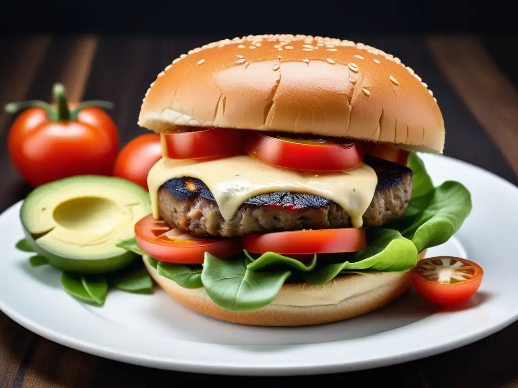 Deliciosa alternativa vegana para antojos: hamburguesa de portobello a la parrilla con queso vegano, lechuga y tomate en pan integral