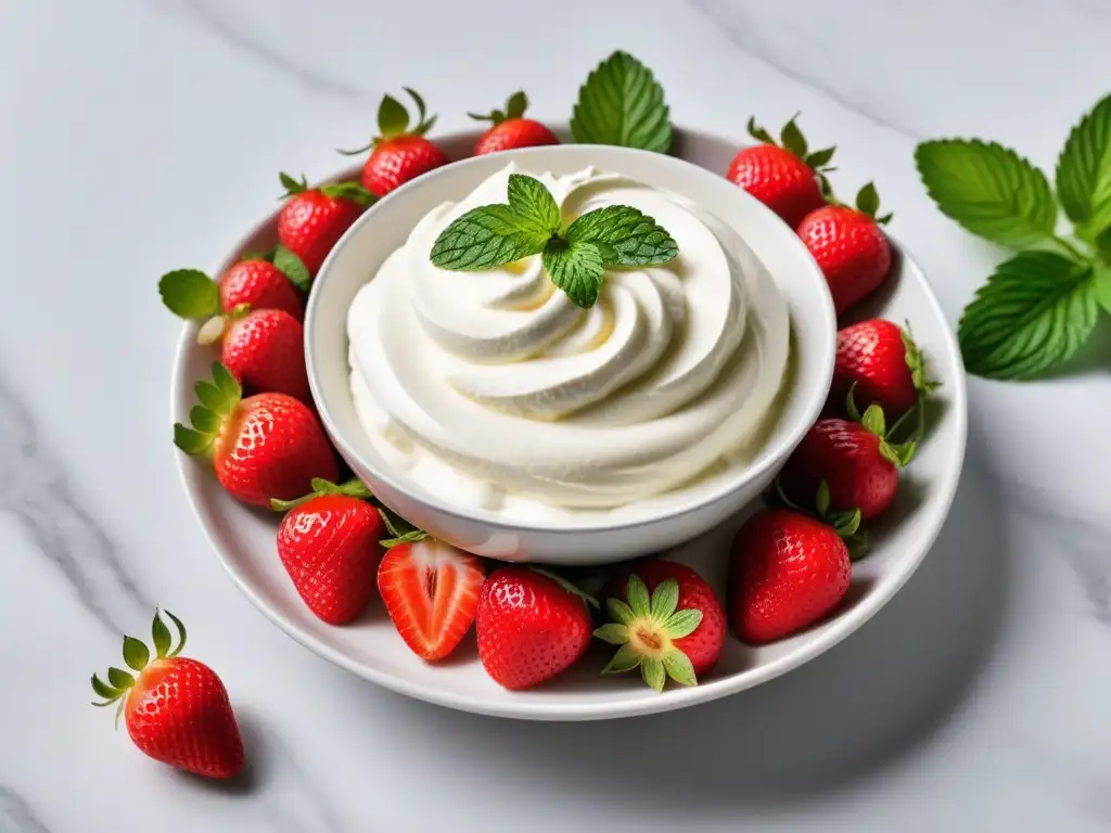 Deliciosa alternativa vegana: crema batida de leche de coco con fresas y menta sobre mármol