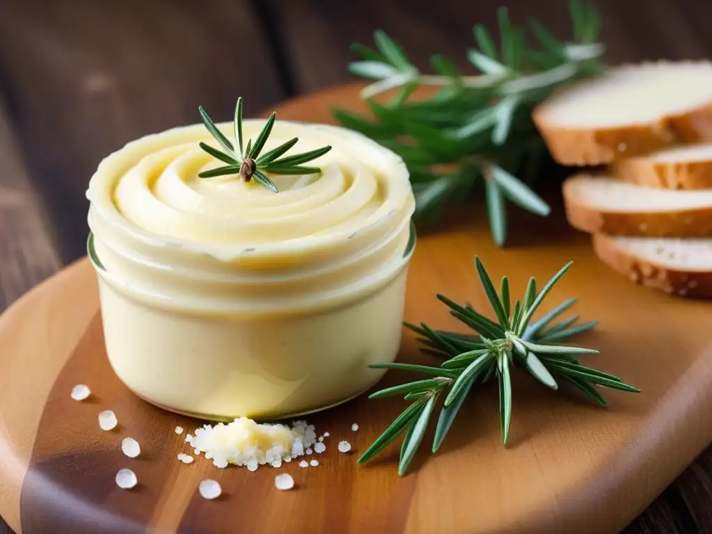 Deliciosa alternativa vegana para mantequillas: crema untuosa con sal marina y romero fresco en tabla rústica