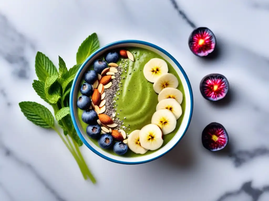 Deliciosa alternativa vegana rica en calcio: bowl verde con chía, almendras, higos y semillas, sobre mármol con menta y flores comestibles