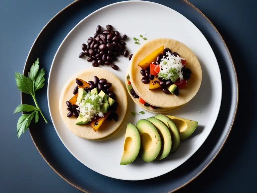 Deliciosa arepa vegana dorada rellena de aguacate, verduras asadas, frijoles negros y queso vegano en un plato blanco moderno