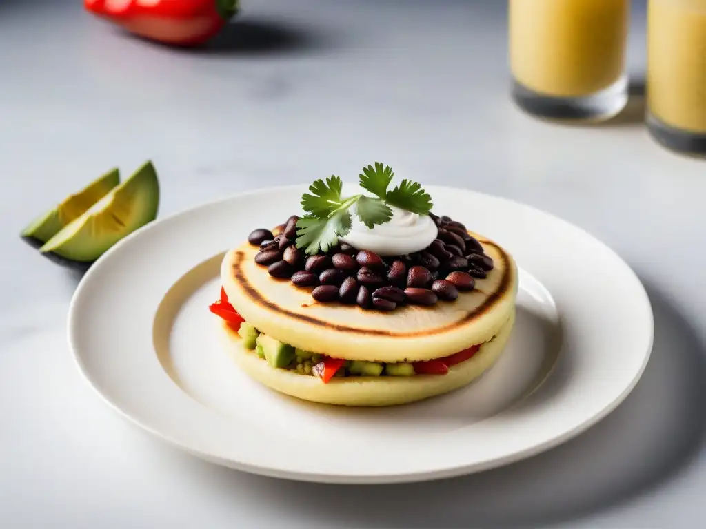 Deliciosa arepa vegana rellena con aguacate, pimientos, frijoles y cilantro, perfectamente cocida