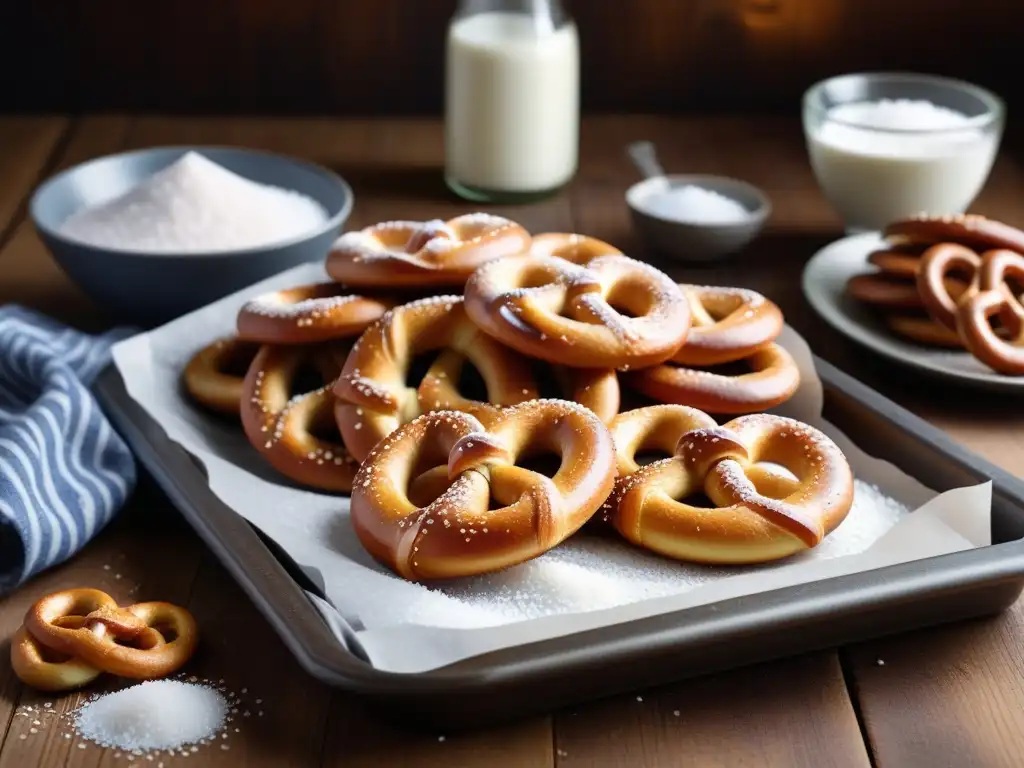 Deliciosa bandeja de pretzels veganos sin gluten recién horneados, salpicados con cristales de sal marina, sobre una mesa rústica